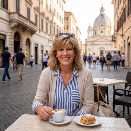 Donell, Wilmington NC area travel advisor and founder of Reset and Renew Travel, enjoying coffee at a cafe in Rome