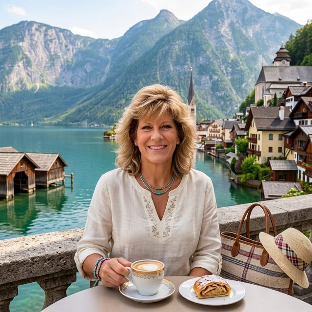 Donell Unger enjoying coffee and pastry at a café table overlooking an Austrian lakeside village with mountains behind her