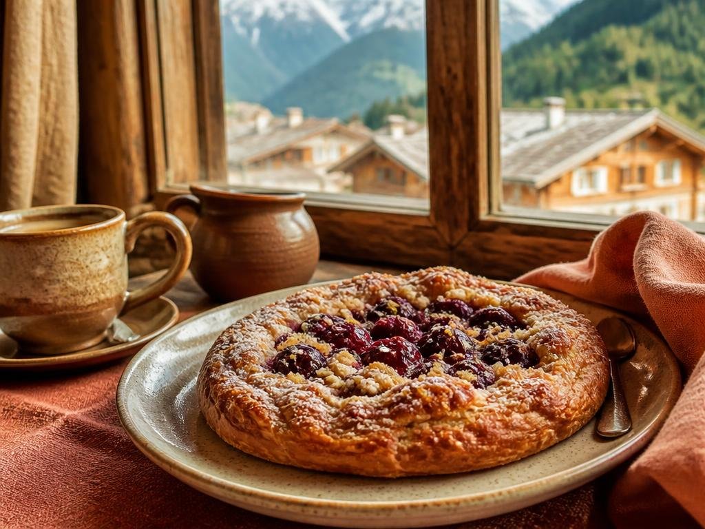 A warm cherry streusel kirschtaler on a plate beside coffee and a rustic jug, by a chalet window overlooking alpine rooftops and snowy mountains