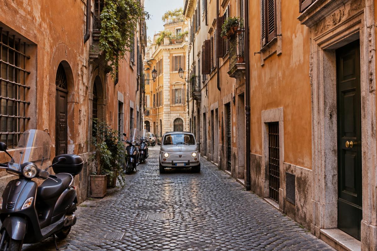 An impossibly narrow cobblestone street in Rome lined with parked cars and scooters between tall ochre buildings