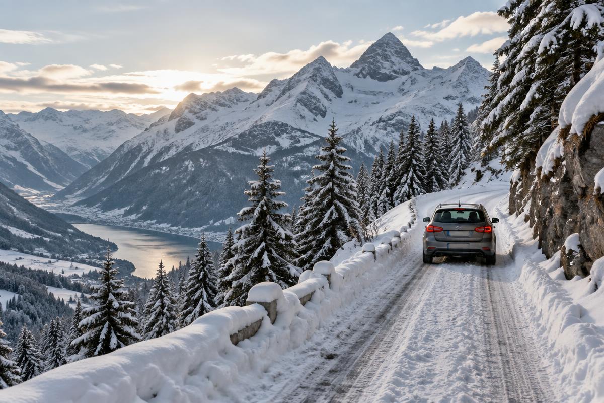 A snow-covered mountain road winding between snowy evergreen trees under a blue sky, like the treacherous Swiss track our GPS sent us up